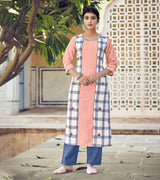 Laxmipati Rayon Cross And Swiss Slub Bone White And Grey Checks Kurti With Two Fabrics By Giving All Over Grading Butta With Different Princess Lines , Fancy Yoke , Classy Necklines And Sleeve With Comfy Cuff.