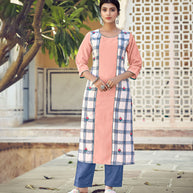 Laxmipati Rayon Cross And Swiss Slub Bone White And Grey Checks Kurti With Two Fabrics By Giving All Over Grading Butta With Different Princess Lines , Fancy Yoke , Classy Necklines And Sleeve With Comfy Cuff.