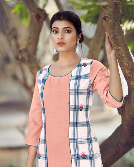 Laxmipati Rayon Cross And Swiss Slub Bone White And Grey Checks Kurti With Two Fabrics By Giving All Over Grading Butta With Different Princess Lines , Fancy Yoke , Classy Necklines And Sleeve With Comfy Cuff.