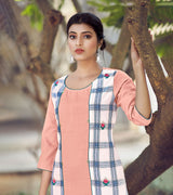 Laxmipati Rayon Cross And Swiss Slub Bone White And Grey Checks Kurti With Two Fabrics By Giving All Over Grading Butta With Different Princess Lines , Fancy Yoke , Classy Necklines And Sleeve With Comfy Cuff.