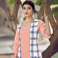 Laxmipati Rayon Cross And Swiss Slub Bone White And Grey Checks Kurti With Two Fabrics By Giving All Over Grading Butta With Different Princess Lines , Fancy Yoke , Classy Necklines And Sleeve With Comfy Cuff.