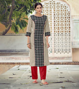 Laxmipati Rayon Cross And Swiss Slub Meta Grey And Light Grey Checks Kurti With Two Fabrics By Giving All Over Grading Butta With Different Princess Lines , Fancy Yoke , Classy Necklines And Sleeve With Comfy Cuff.