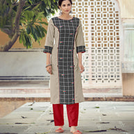 Laxmipati Rayon Cross And Swiss Slub Meta Grey And Light Grey Checks Kurti With Two Fabrics By Giving All Over Grading Butta With Different Princess Lines , Fancy Yoke , Classy Necklines And Sleeve With Comfy Cuff.