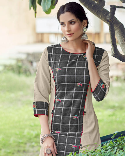 Laxmipati Rayon Cross And Swiss Slub Meta Grey And Light Grey Checks Kurti With Two Fabrics By Giving All Over Grading Butta With Different Princess Lines , Fancy Yoke , Classy Necklines And Sleeve With Comfy Cuff.