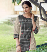 Laxmipati Rayon Cross And Swiss Slub Meta Grey And Light Grey Checks Kurti With Two Fabrics By Giving All Over Grading Butta With Different Princess Lines , Fancy Yoke , Classy Necklines And Sleeve With Comfy Cuff.