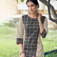 Laxmipati Rayon Cross And Swiss Slub Meta Grey And Light Grey Checks Kurti With Two Fabrics By Giving All Over Grading Butta With Different Princess Lines , Fancy Yoke , Classy Necklines And Sleeve With Comfy Cuff.