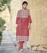 Laxmipati Rayon Cross And Swiss Slub Crimson Red And Checks Kurti With Two Fabrics By Giving All Over Grading Butta With Different Princess Lines , Fancy Yoke , Classy Necklines And Sleeve With Comfy Cuff.