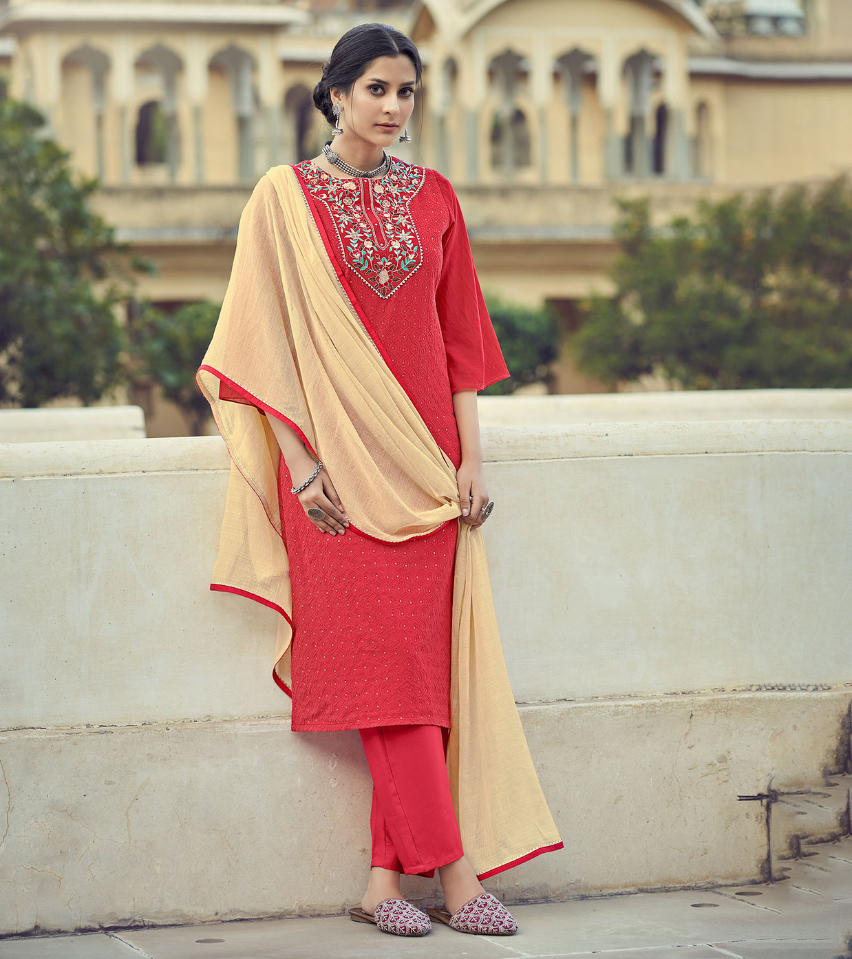 Laxmipati Candy Red Limzi Georgette  Straight Cut Kurti With Dupatta & Pant
