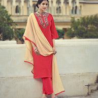 Laxmipati Candy Red Limzi Georgette  Straight Cut Kurti With Dupatta & Pant