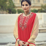 Laxmipati Candy Red Limzi Georgette  Straight Cut Kurti With Dupatta & Pant