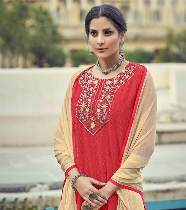 Laxmipati Candy Red Limzi Georgette  Straight Cut Kurti With Dupatta & Pant