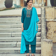 Laxmipati Yale Blue Limzi Georgette  Straight Cut Kurti With Dupatta & Pant