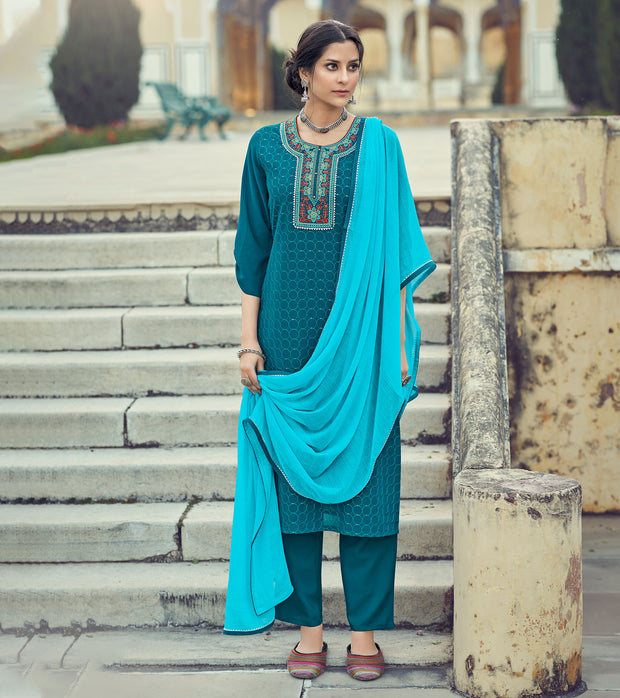 Laxmipati Yale Blue Limzi Georgette  Straight Cut Kurti With Dupatta & Pant