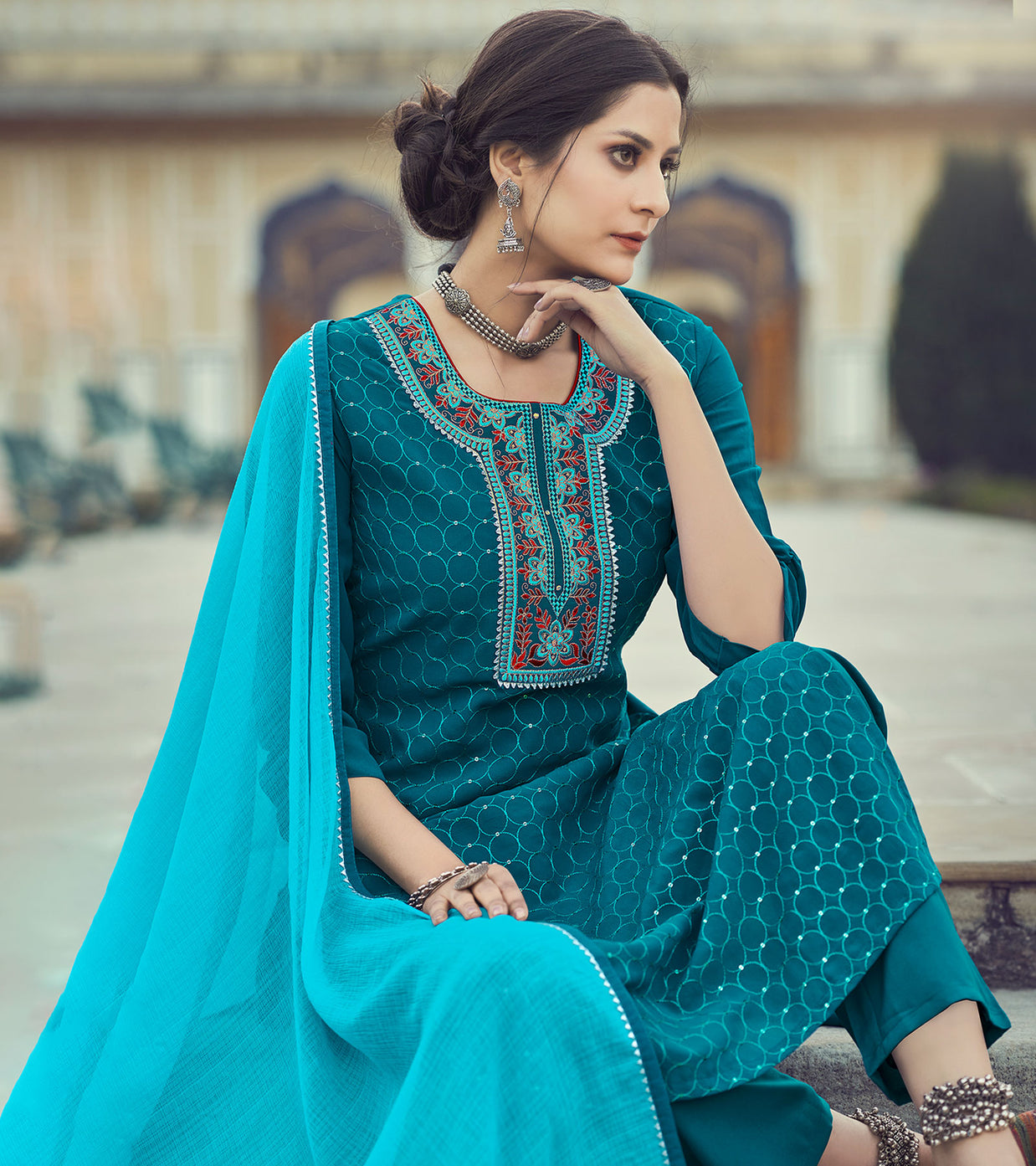 Laxmipati Yale Blue Limzi Georgette  Straight Cut Kurti With Dupatta & Pant