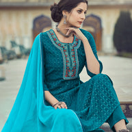 Laxmipati Yale Blue Limzi Georgette  Straight Cut Kurti With Dupatta & Pant