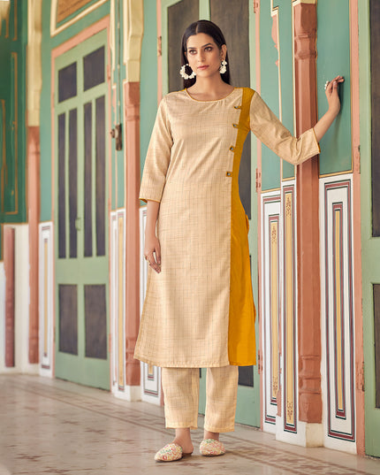 Laxmipati Bsy & Banjara Gold Yellow  Kurti With Two Fabrics By Giving Different Princess Lines , Fancy Yoke , Classy Necklines And Sleeve With Comfy Cuff.