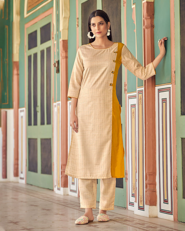 Laxmipati Bsy & Banjara Gold Yellow  Kurti With Two Fabrics By Giving Different Princess Lines , Fancy Yoke , Classy Necklines And Sleeve With Comfy Cuff.
