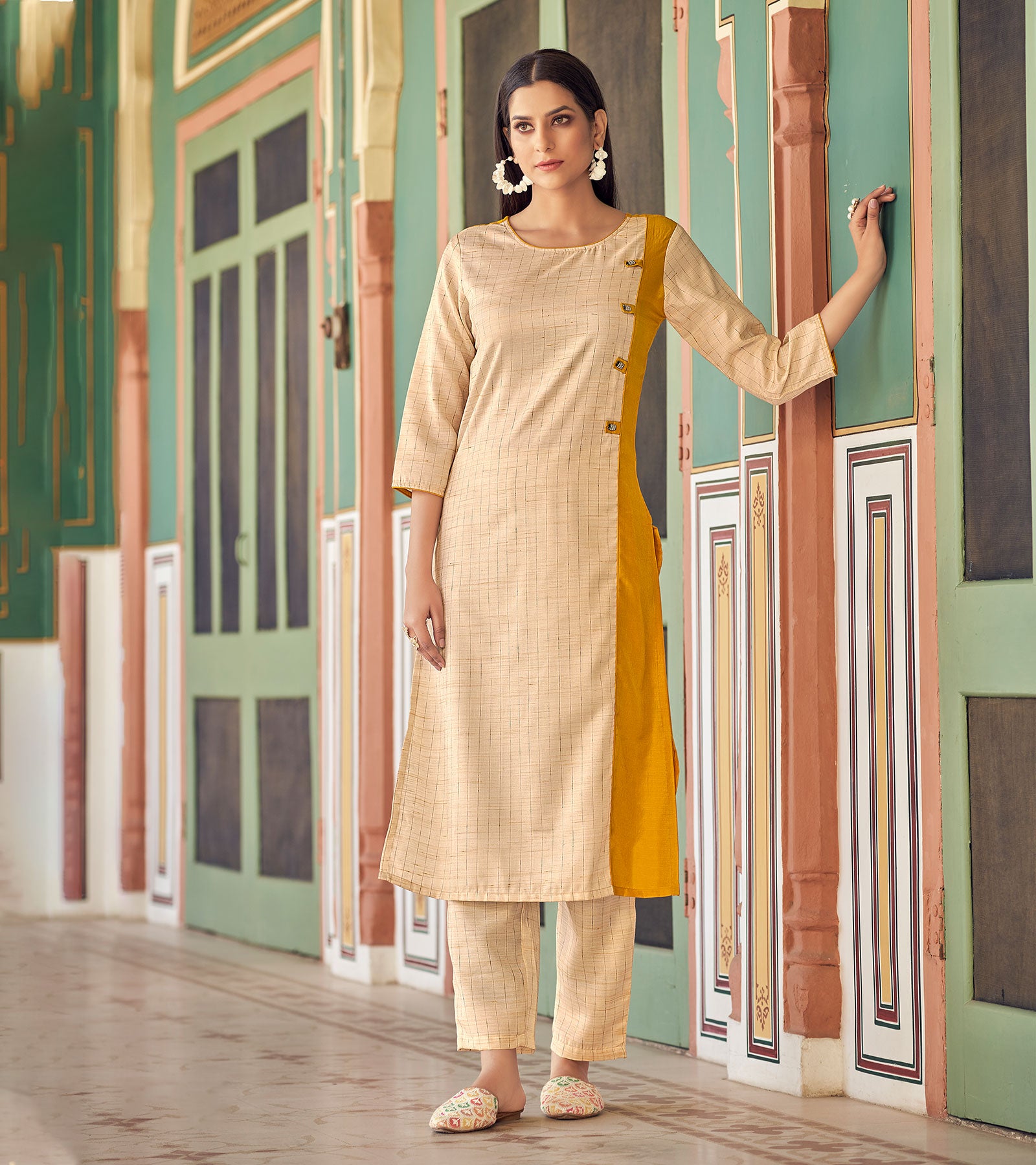 Laxmipati Bsy & Banjara Gold Yellow  Kurti With Two Fabrics By Giving Different Princess Lines , Fancy Yoke , Classy Necklines And Sleeve With Comfy Cuff.