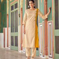 Laxmipati Bsy & Banjara Gold Yellow  Kurti With Two Fabrics By Giving Different Princess Lines , Fancy Yoke , Classy Necklines And Sleeve With Comfy Cuff.