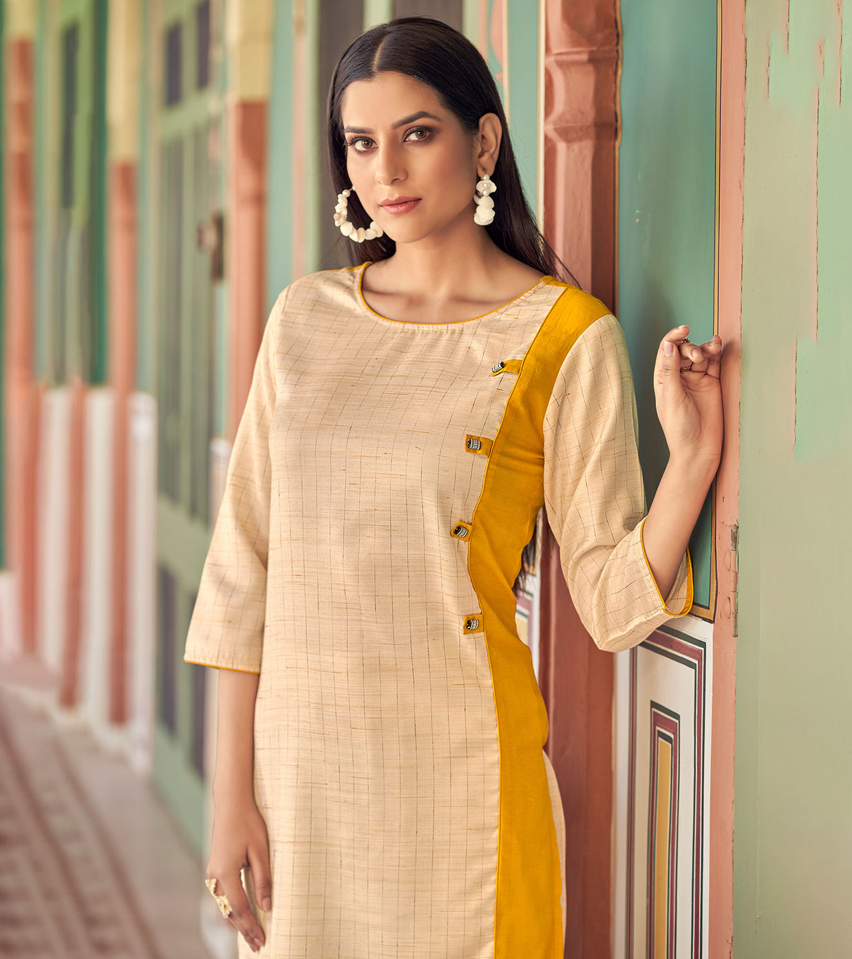 Laxmipati Bsy & Banjara Gold Yellow  Kurti With Two Fabrics By Giving Different Princess Lines , Fancy Yoke , Classy Necklines And Sleeve With Comfy Cuff.