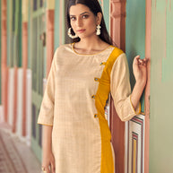 Laxmipati Bsy & Banjara Gold Yellow  Kurti With Two Fabrics By Giving Different Princess Lines , Fancy Yoke , Classy Necklines And Sleeve With Comfy Cuff.