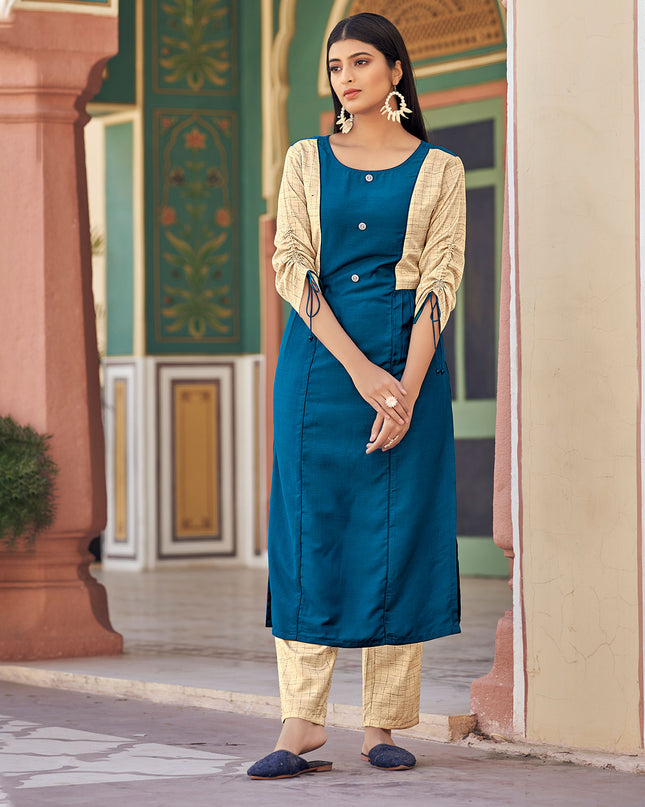 Laxmipati Bsy & Banjara Cobalt Blue Kurti With Two Fabrics By Giving Different Princess Lines , Fancy Yoke , Classy Necklines And Sleeve With Comfy Cuff.
