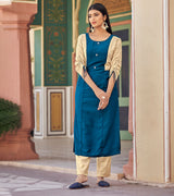 Laxmipati Bsy & Banjara Cobalt Blue Kurti With Two Fabrics By Giving Different Princess Lines , Fancy Yoke , Classy Necklines And Sleeve With Comfy Cuff.