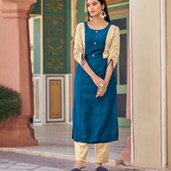 Laxmipati Bsy & Banjara Cobalt Blue Kurti With Two Fabrics By Giving Different Princess Lines , Fancy Yoke , Classy Necklines And Sleeve With Comfy Cuff.