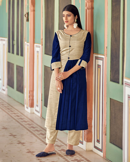 Laxmipati Bsy & Banjara Nevy Blue  Kurti With Two Fabrics By Giving Different Princess Lines , Fancy Yoke , Classy Necklines And Sleeve With Comfy Cuff.