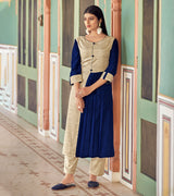 Laxmipati Bsy & Banjara Nevy Blue  Kurti With Two Fabrics By Giving Different Princess Lines , Fancy Yoke , Classy Necklines And Sleeve With Comfy Cuff.