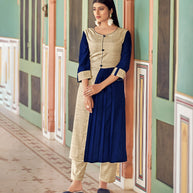 Laxmipati Bsy & Banjara Nevy Blue  Kurti With Two Fabrics By Giving Different Princess Lines , Fancy Yoke , Classy Necklines And Sleeve With Comfy Cuff.