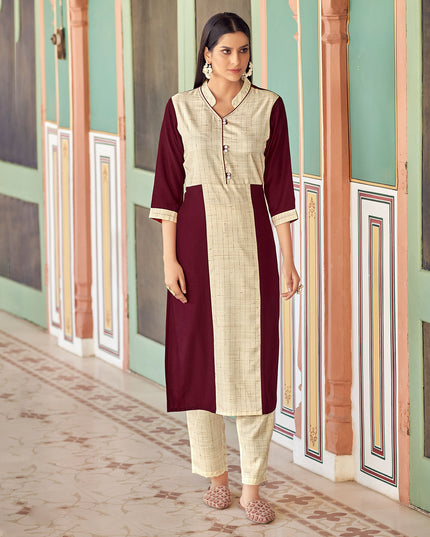 Laxmipati Bsy & Banjara Rosewood Red  Kurti With Two Fabrics By Giving Different Princess Lines , Fancy Yoke , Classy Necklines And Sleeve With Comfy Cuff.