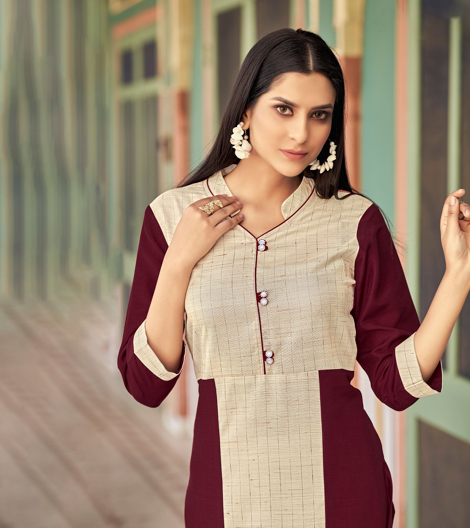 Laxmipati Bsy & Banjara Rosewood Red  Kurti With Two Fabrics By Giving Different Princess Lines , Fancy Yoke , Classy Necklines And Sleeve With Comfy Cuff.
