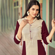 Laxmipati Bsy & Banjara Rosewood Red  Kurti With Two Fabrics By Giving Different Princess Lines , Fancy Yoke , Classy Necklines And Sleeve With Comfy Cuff.