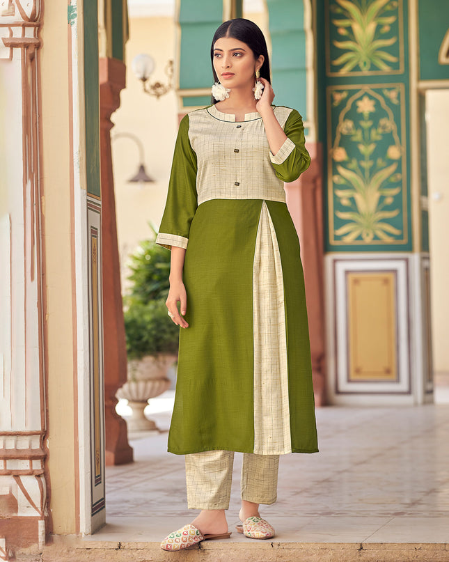 Laxmipati Bsy & Banjara Mose Green Kurti With Two Fabrics By Giving Different Princess Lines , Fancy Yoke , Classy Necklines And Sleeve With Comfy Cuff.