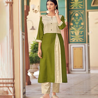 Laxmipati Bsy & Banjara Mose Green Kurti With Two Fabrics By Giving Different Princess Lines , Fancy Yoke , Classy Necklines And Sleeve With Comfy Cuff.