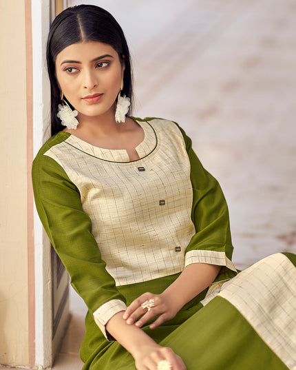 Laxmipati Bsy & Banjara Mose Green Kurti With Two Fabrics By Giving Different Princess Lines , Fancy Yoke , Classy Necklines And Sleeve With Comfy Cuff.