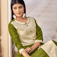 Laxmipati Bsy & Banjara Mose Green Kurti With Two Fabrics By Giving Different Princess Lines , Fancy Yoke , Classy Necklines And Sleeve With Comfy Cuff.