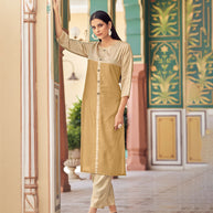 Laxmipati Bsy & Banjara Multani Brown  Kurti With Two Fabrics By Giving Different Princess Lines , Fancy Yoke , Classy Necklines And Sleeve With Comfy Cuff.