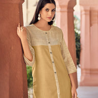 Laxmipati Bsy & Banjara Multani Brown  Kurti With Two Fabrics By Giving Different Princess Lines , Fancy Yoke , Classy Necklines And Sleeve With Comfy Cuff.