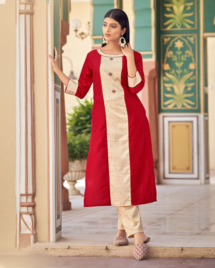 Laxmipati Bsy & Banjara Fresh Red Kurti With Two Fabrics By Giving Different Princess Lines , Fancy Yoke , Classy Necklines And Sleeve With Comfy Cuff.