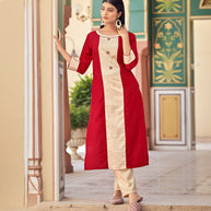 Laxmipati Bsy & Banjara Fresh Red Kurti With Two Fabrics By Giving Different Princess Lines , Fancy Yoke , Classy Necklines And Sleeve With Comfy Cuff.