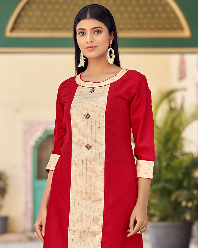 Laxmipati Bsy & Banjara Fresh Red Kurti With Two Fabrics By Giving Different Princess Lines , Fancy Yoke , Classy Necklines And Sleeve With Comfy Cuff.