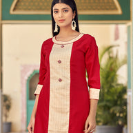 Laxmipati Bsy & Banjara Fresh Red Kurti With Two Fabrics By Giving Different Princess Lines , Fancy Yoke , Classy Necklines And Sleeve With Comfy Cuff.