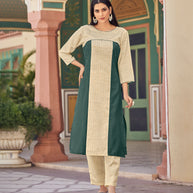 Laxmipati Bsy & Banjara Green Bay Kurti With Two Fabrics By Giving Different Princess Lines , Fancy Yoke , Classy Necklines And Sleeve With Comfy Cuff.