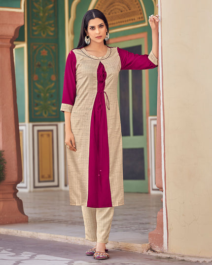 Laxmipati Bsy & Banjara Jazzberry Jam Pink Kurti With Two Fabrics By Giving Different Princess Lines , Fancy Yoke , Classy Necklines And Sleeve With Comfy Cuff.