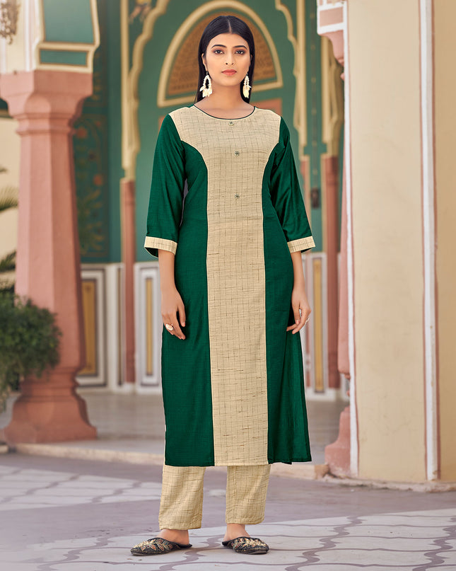 Laxmipati Bsy & Banjara Night  Green  Kurti With Two Fabrics By Giving Different Princess Lines , Fancy Yoke , Classy Necklines And Sleeve With Comfy Cuff.