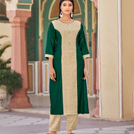 Laxmipati Bsy & Banjara Night  Green  Kurti With Two Fabrics By Giving Different Princess Lines , Fancy Yoke , Classy Necklines And Sleeve With Comfy Cuff.