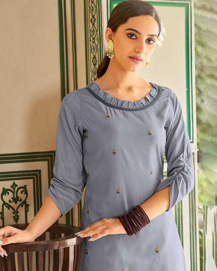 Laxmipati Muslin Silver Grey Straight Cut Kurti With Embroidery Butti
