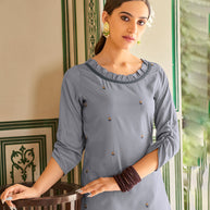 Laxmipati Muslin Silver Grey Straight Cut Kurti With Embroidery Butti